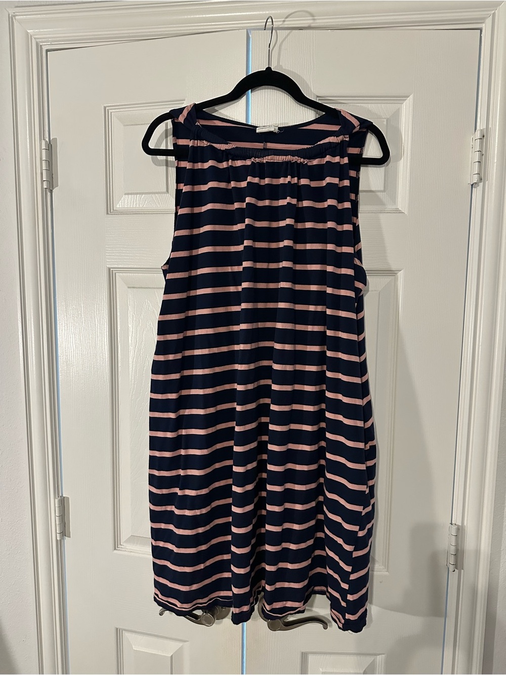 SIMPLE Suzanne Betro Navy and Pink Striped Sleeveless Midi Dress